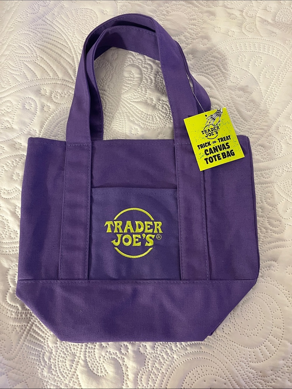 Trader Joe's Purple Canvas Tote Bag with Yellow Logo Halloween 👻